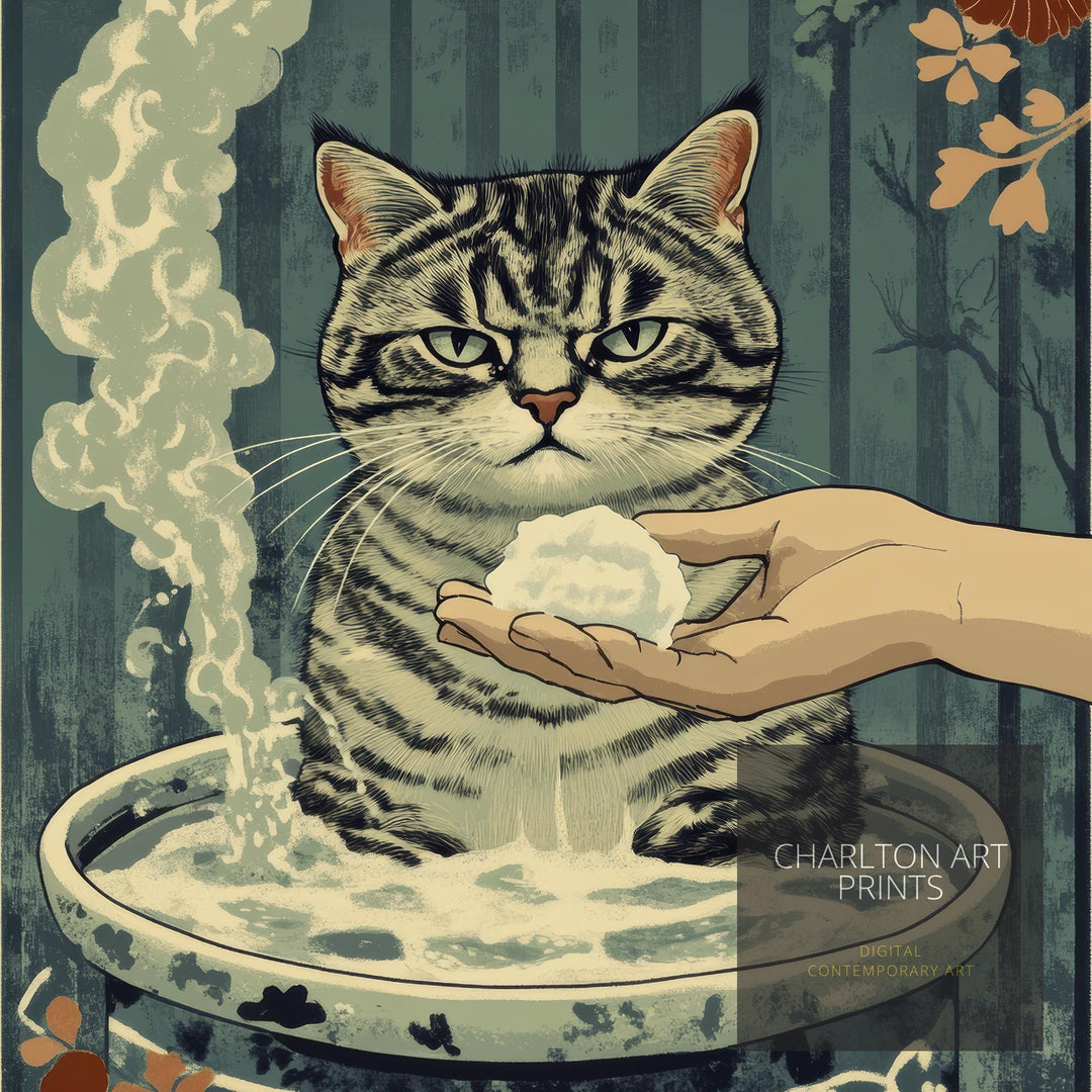 Grumpy Cat Japanese Art Print Whimsical Poster Ukiyo-e Style Cat Wall Art for Cozy Homes Funny Animal Decor and Cat Lover Spaces