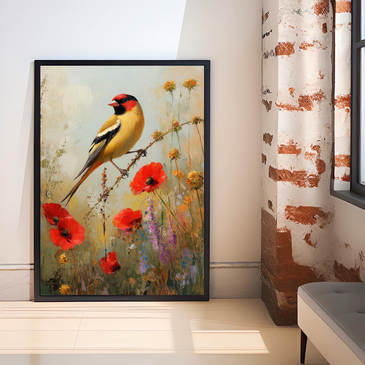 Goldfinch in Wild Flowers Art Print Vintage Nature Poster Cottagecore Wall Art for Cozy Homes Garden Decor and Bird Lover Spaces
