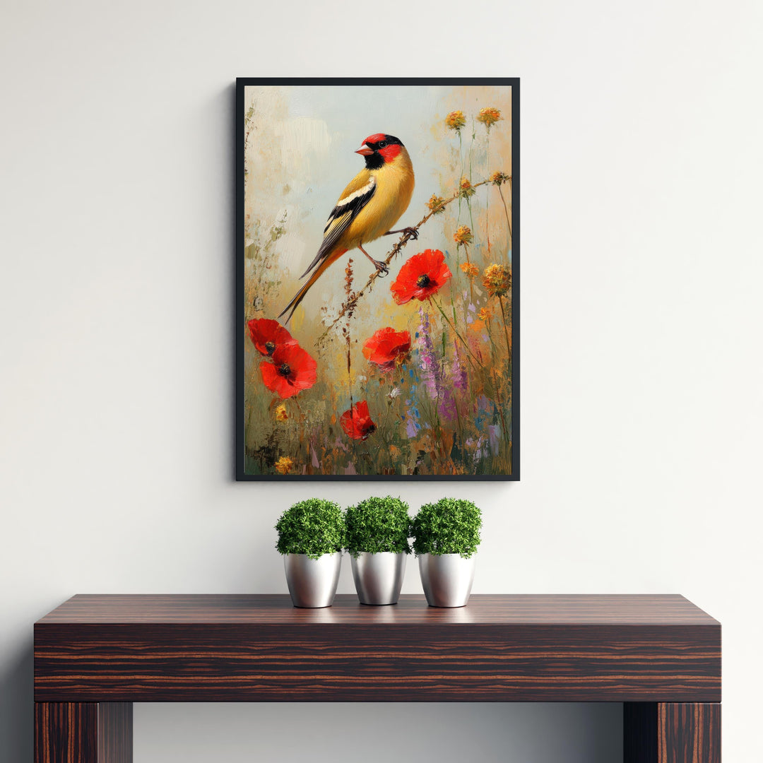 Goldfinch in Wild Flowers Art Print Vintage Nature Poster Cottagecore Wall Art for Cozy Homes Garden Decor and Bird Lover Spaces