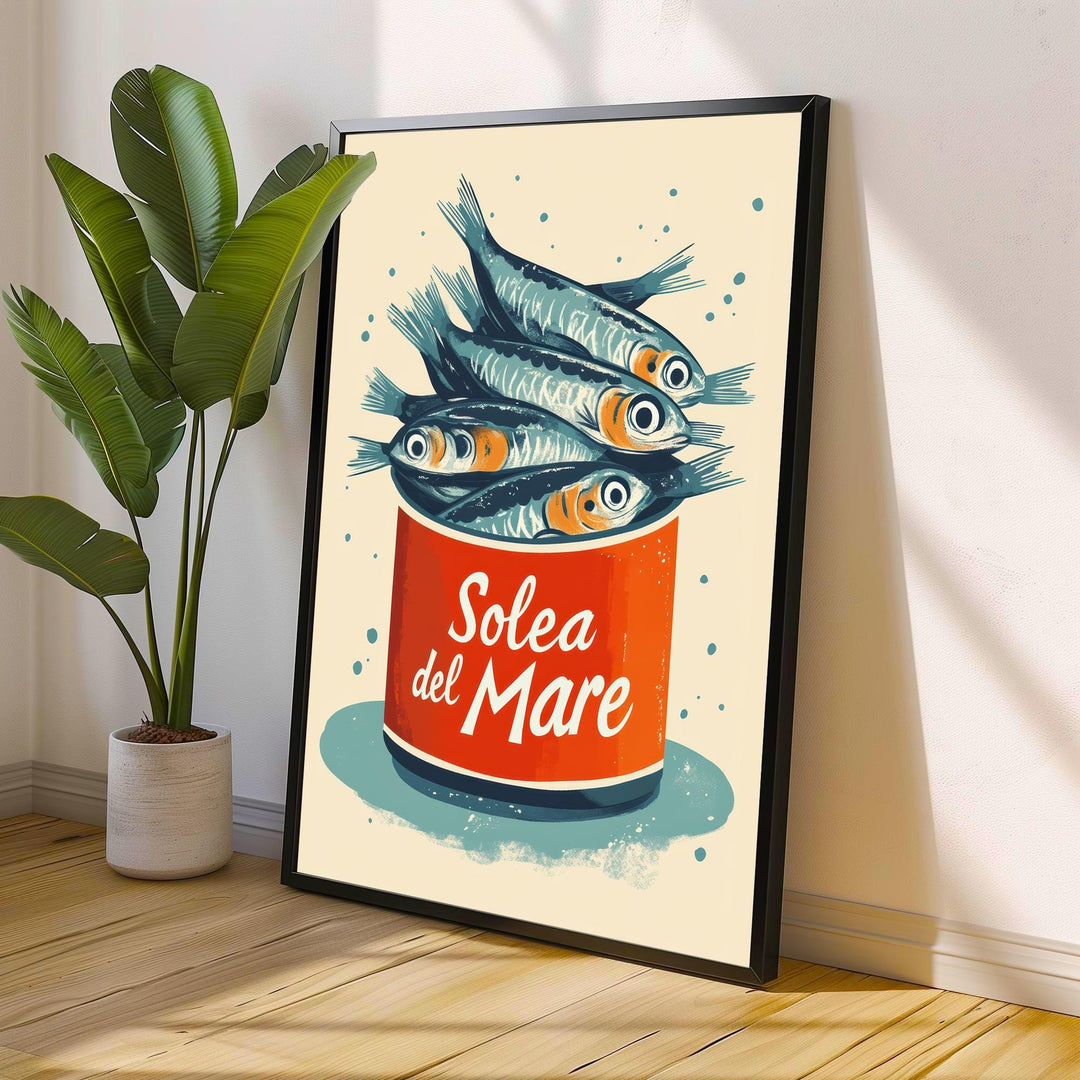 Sardines Travel Poster Vintage Coastal Wall Art Whimsical Fish Print for Kitchen Decor Nautical Homes and Mediterranean Inspired Spaces