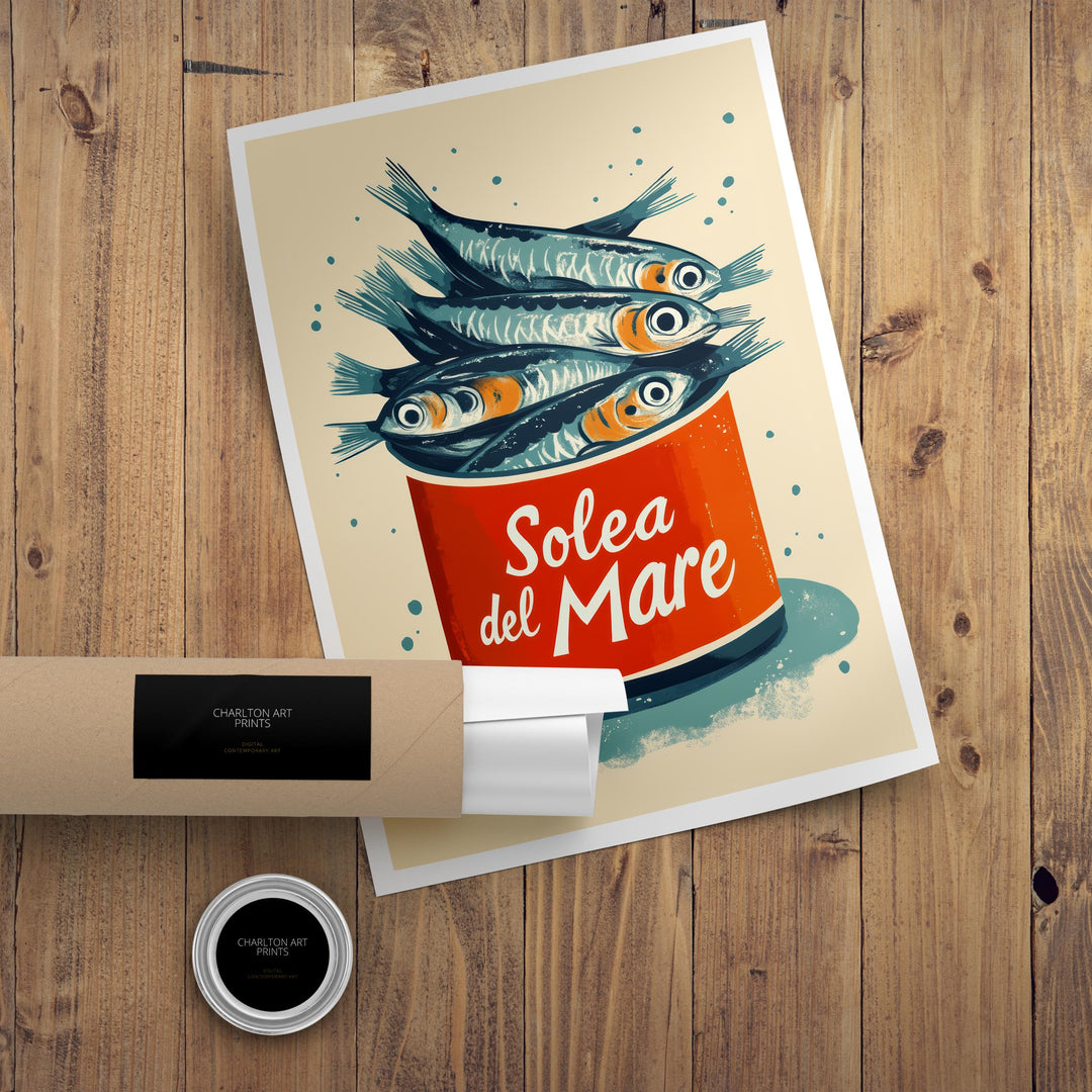 Sardines Travel Poster Vintage Coastal Wall Art Whimsical Fish Print for Kitchen Decor Nautical Homes and Mediterranean Inspired Spaces