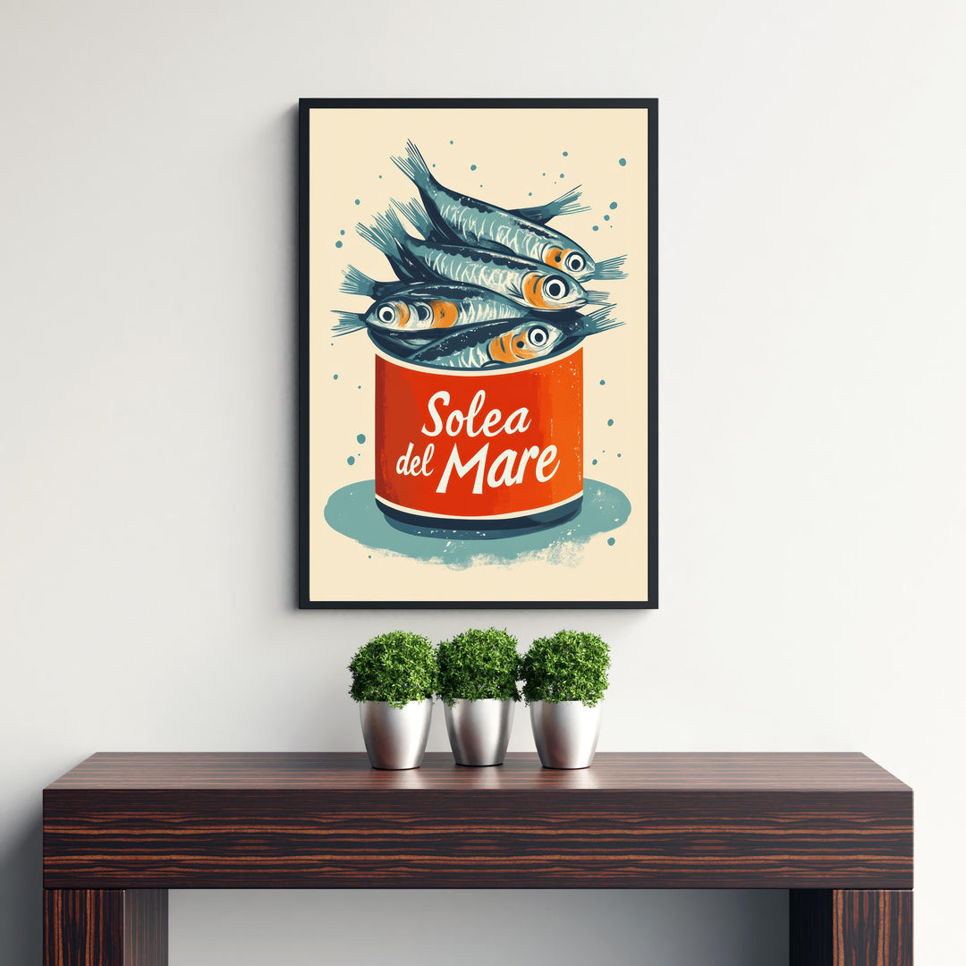 Sardines Travel Poster Vintage Coastal Wall Art Whimsical Fish Print for Kitchen Decor Nautical Homes and Mediterranean Inspired Spaces