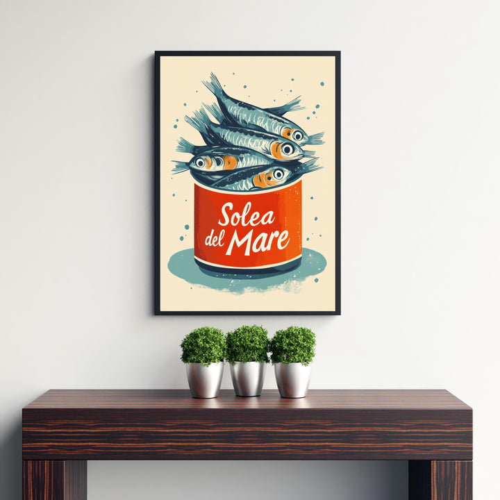 Sardines Travel Poster Vintage Coastal Wall Art Whimsical Fish Print for Kitchen Decor Nautical Homes and Mediterranean Inspired Spaces