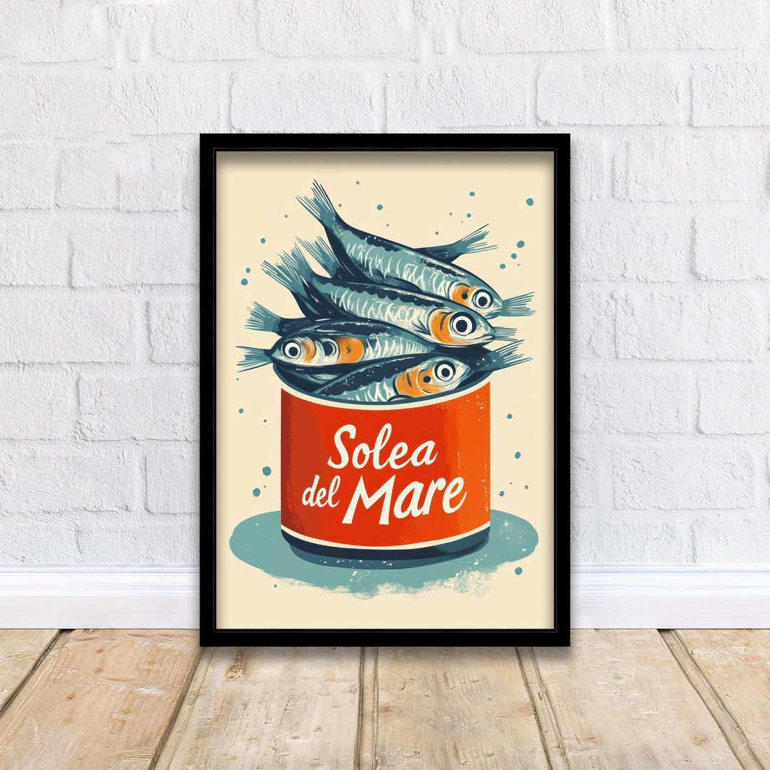 Sardines Travel Poster Vintage Coastal Wall Art Whimsical Fish Print for Kitchen Decor Nautical Homes and Mediterranean Inspired Spaces