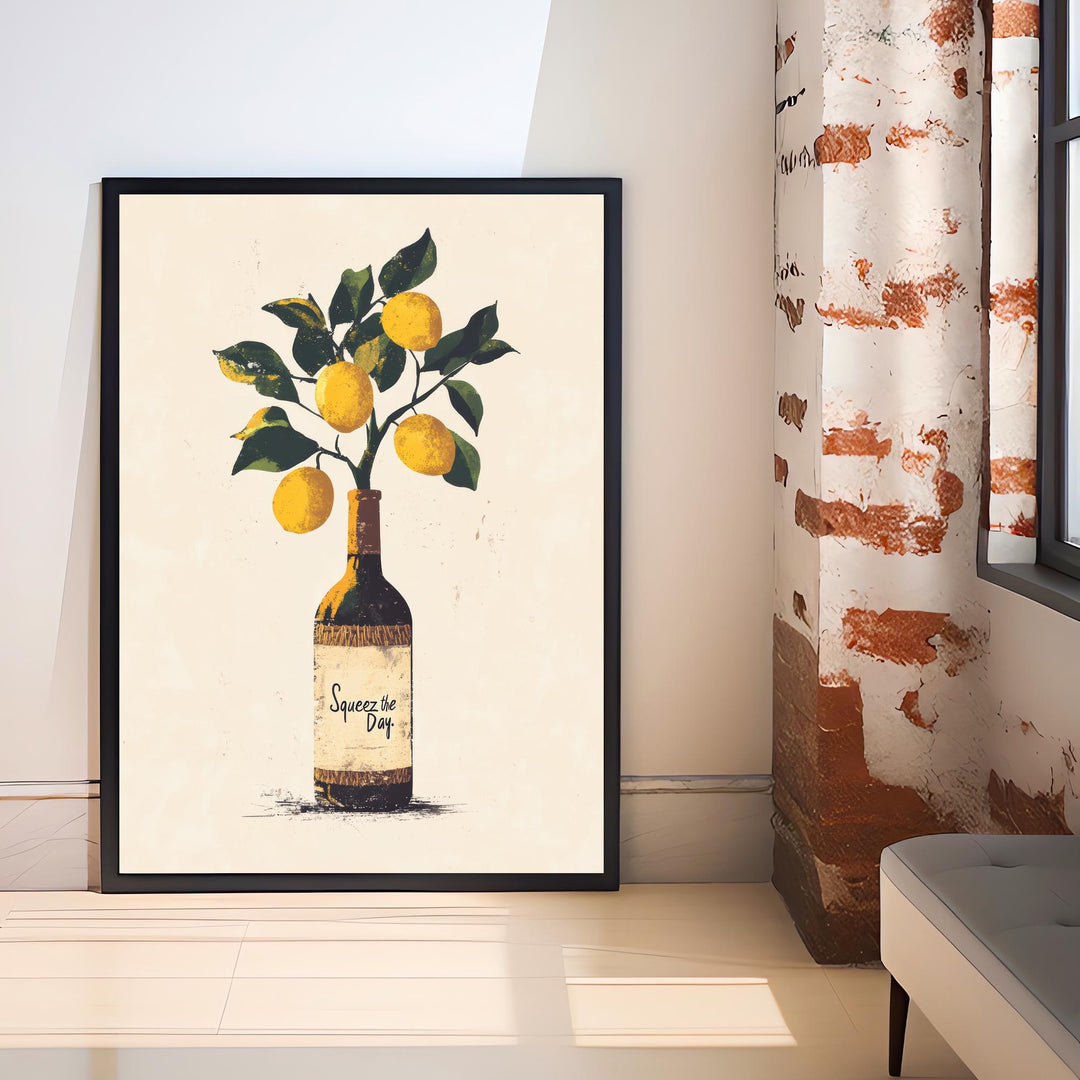 Squeeze The Day Lemon Tree Art Print Whimsical Kitchen Wall Art Vintage Botanical Poster for Cozy Homes and Citrus Inspired Decor