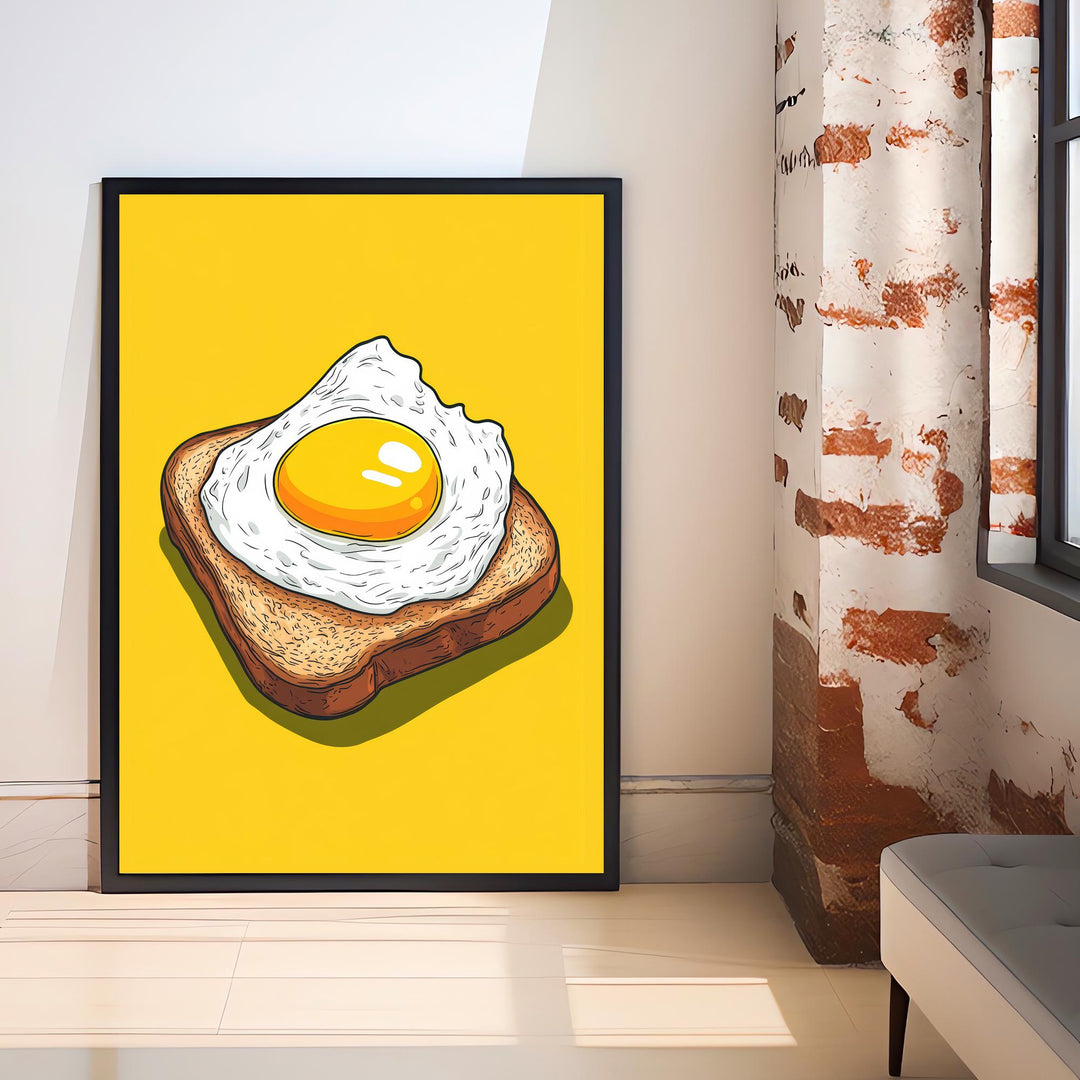 Fried Egg on Toast Poster Retro Pop Art Style Bold Yellow Wall Print for Kitchen Diner or Breakfast Nook Foodie Art Decor