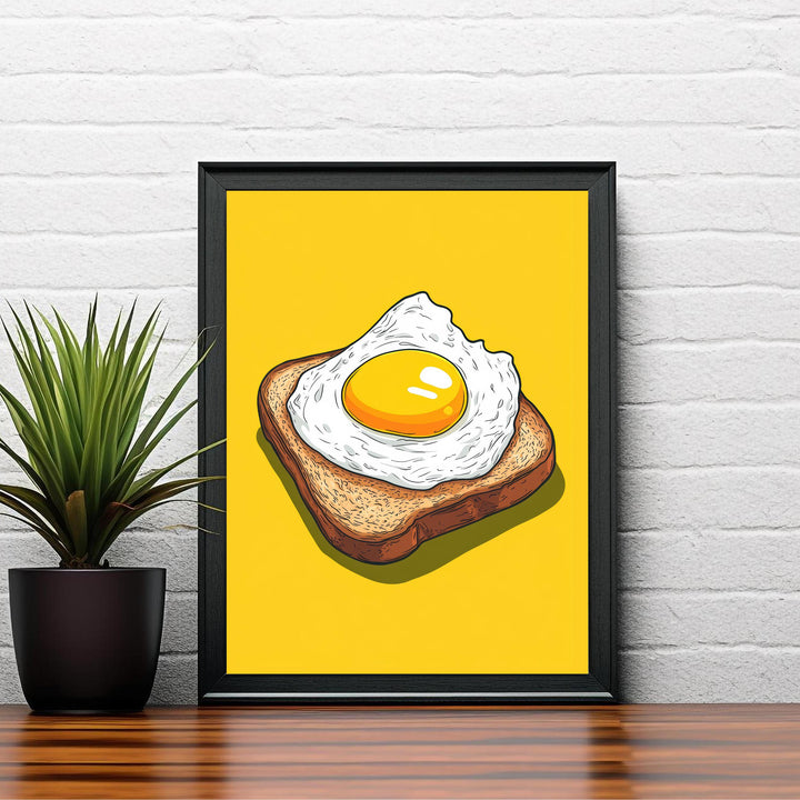 Fried Egg on Toast Poster Retro Pop Art Style Bold Yellow Wall Print for Kitchen Diner or Breakfast Nook Foodie Art Decor