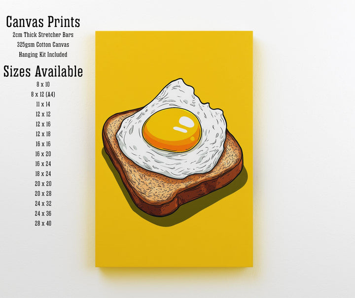 Fried Egg on Toast Poster Retro Pop Art Style Bold Yellow Wall Print for Kitchen Diner or Breakfast Nook Foodie Art Decor