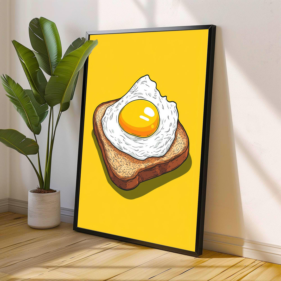 Fried Egg on Toast Poster Retro Pop Art Style Bold Yellow Wall Print for Kitchen Diner or Breakfast Nook Foodie Art Decor