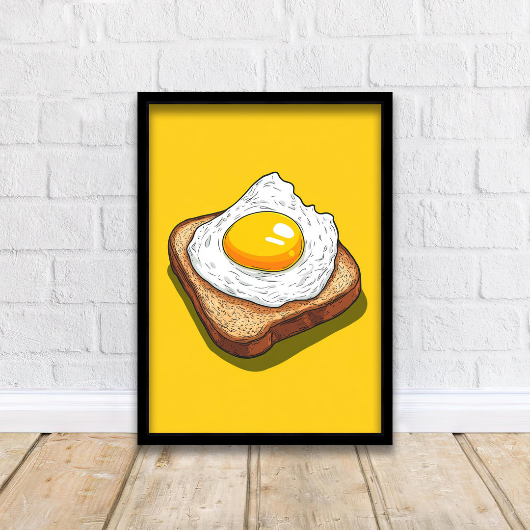 Fried Egg on Toast Poster Retro Pop Art Style Bold Yellow Wall Print for Kitchen Diner or Breakfast Nook Foodie Art Decor