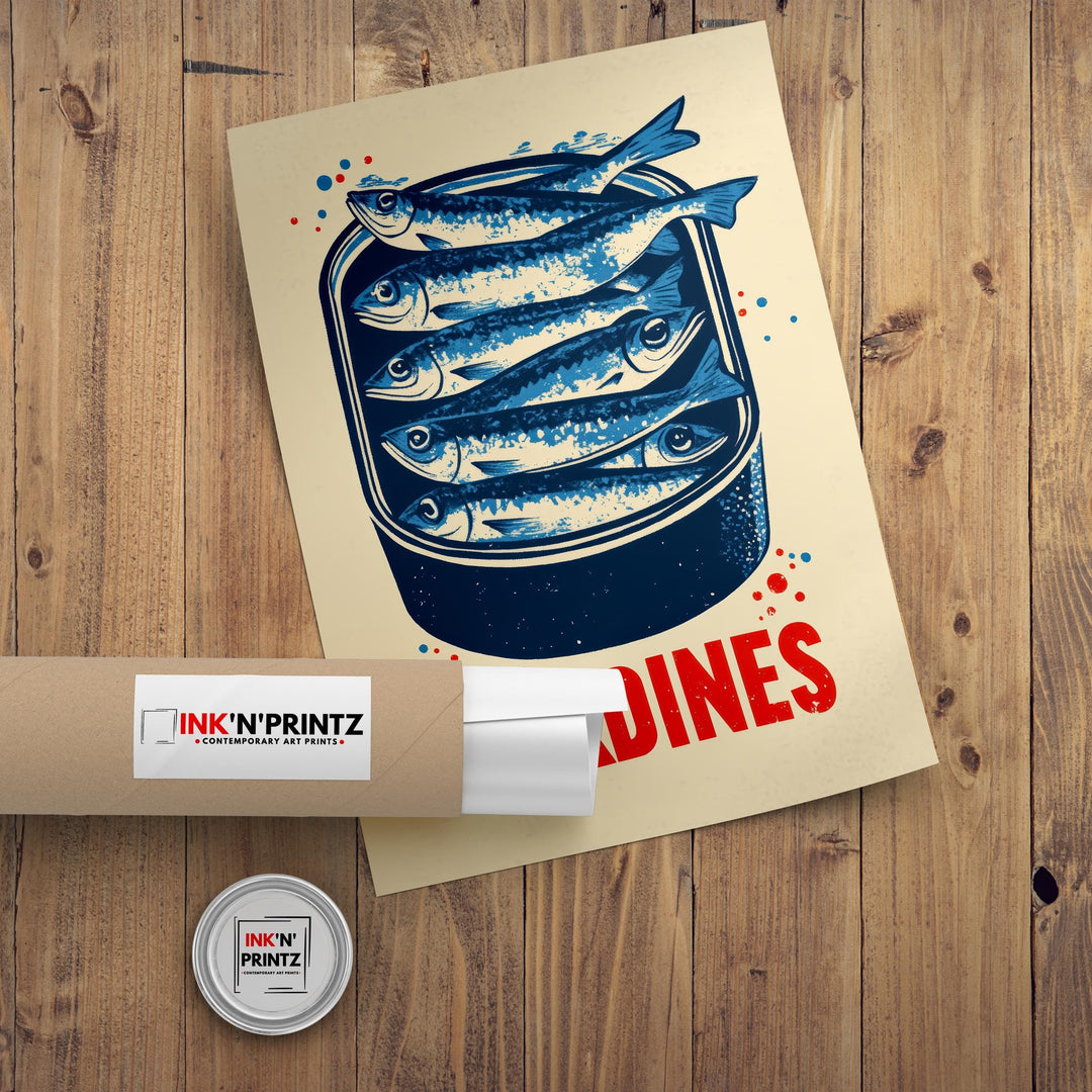 Sardines Tin Poster Retro Pop Art Style Blue Red Kitchen Wall Print for Coastal Cafe or Bold Foodie Decor