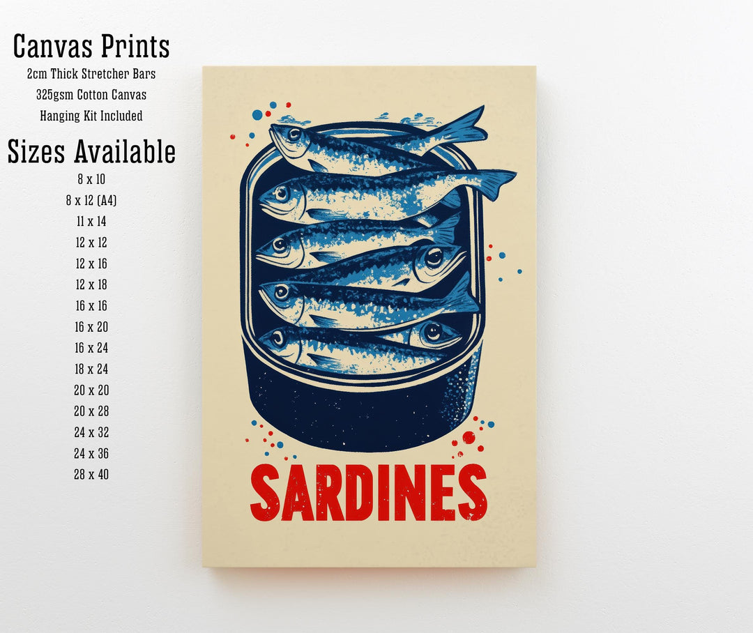 Sardines Tin Poster Retro Pop Art Style Blue Red Kitchen Wall Print for Coastal Cafe or Bold Foodie Decor