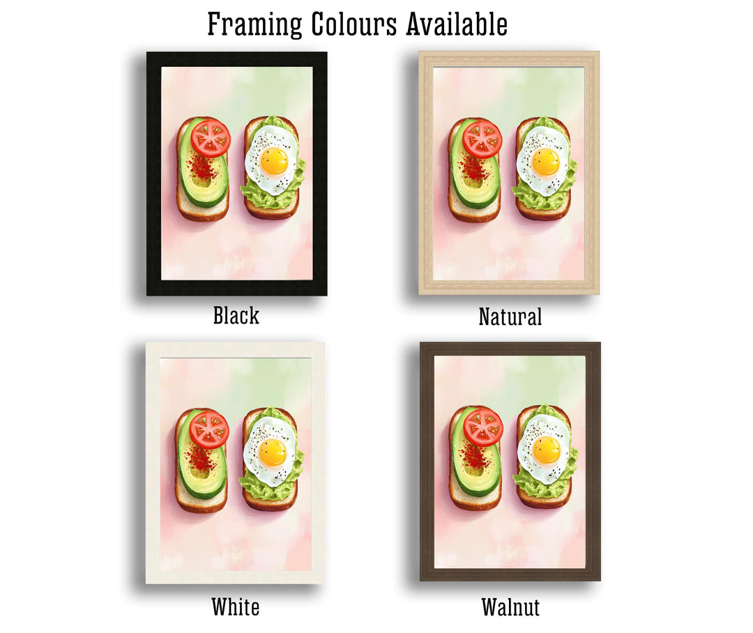 Avocado and Fried Egg Toast Poster Modern Brunch Kitchen Art Bold Foodie Wall Print with Tomato and Lettuce