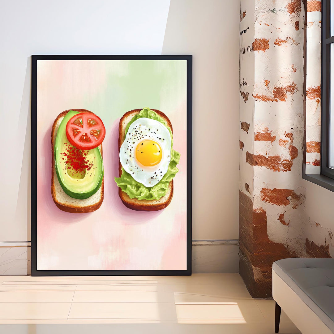 Avocado and Fried Egg Toast Poster Modern Brunch Kitchen Art Bold Foodie Wall Print with Tomato and Lettuce