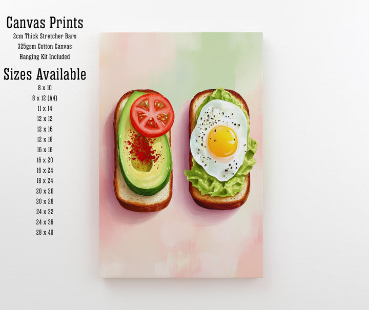 Avocado and Fried Egg Toast Poster Modern Brunch Kitchen Art Bold Foodie Wall Print with Tomato and Lettuce