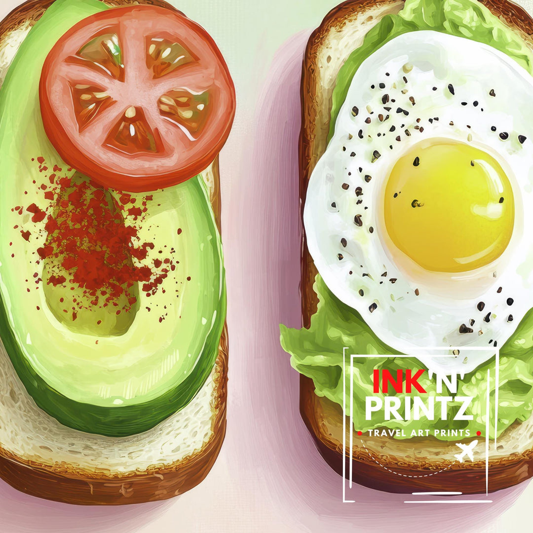 Avocado and Fried Egg Toast Poster Modern Brunch Kitchen Art Bold Foodie Wall Print with Tomato and Lettuce