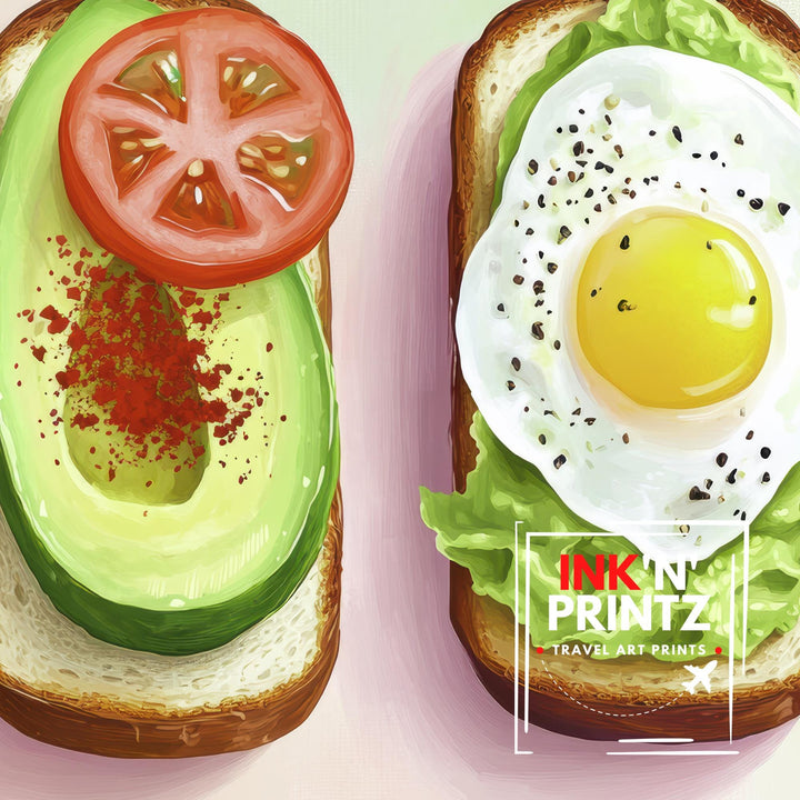 Avocado and Fried Egg Toast Poster Modern Brunch Kitchen Art Bold Foodie Wall Print with Tomato and Lettuce