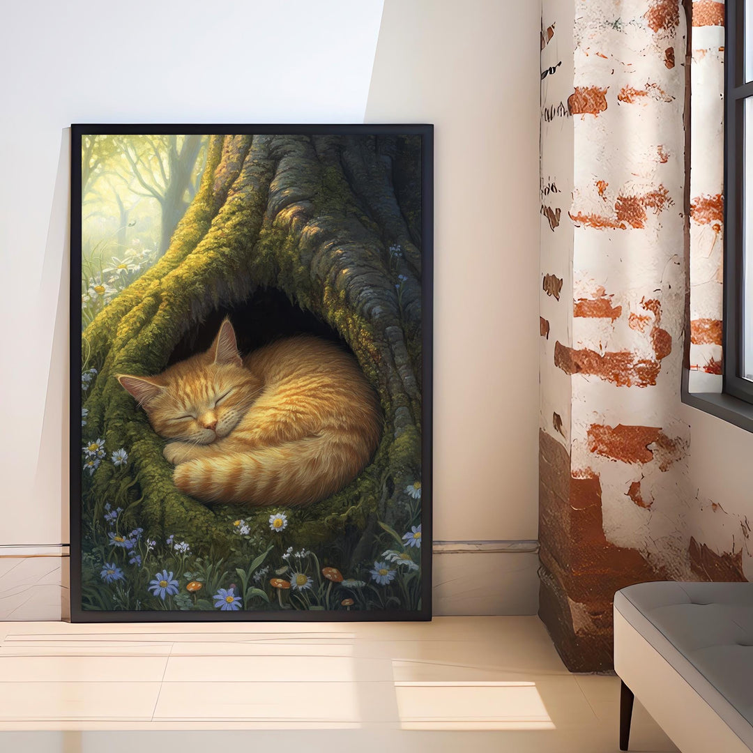 Sleeping Ginger Cat in Mossy Tree Hollow Poster Cottagecore Woodland Animal Print for Cozy Home Decor