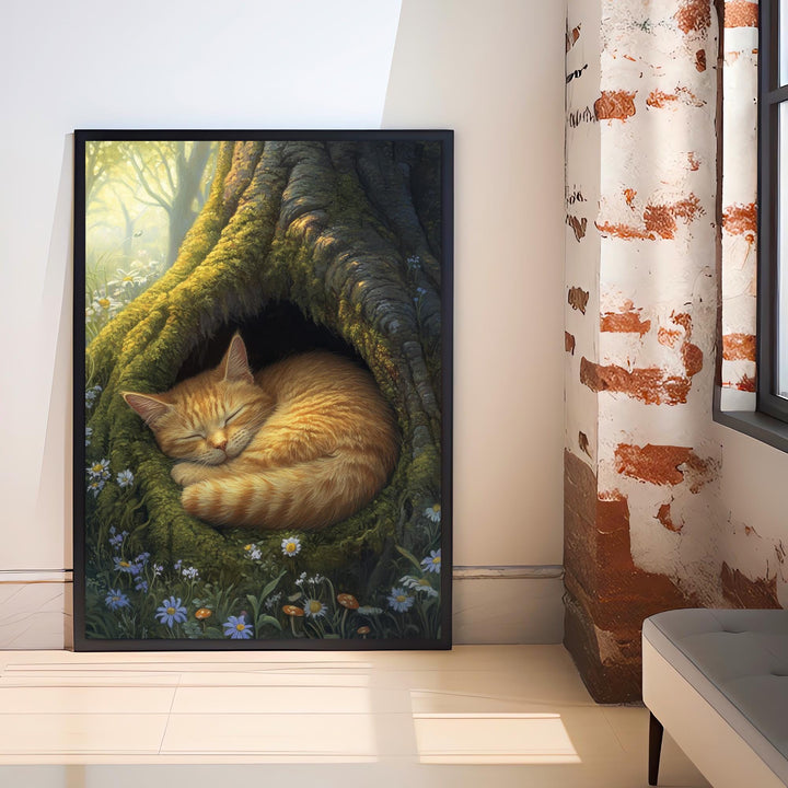 Sleeping Ginger Cat in Mossy Tree Hollow Poster Cottagecore Woodland Animal Print for Cozy Home Decor