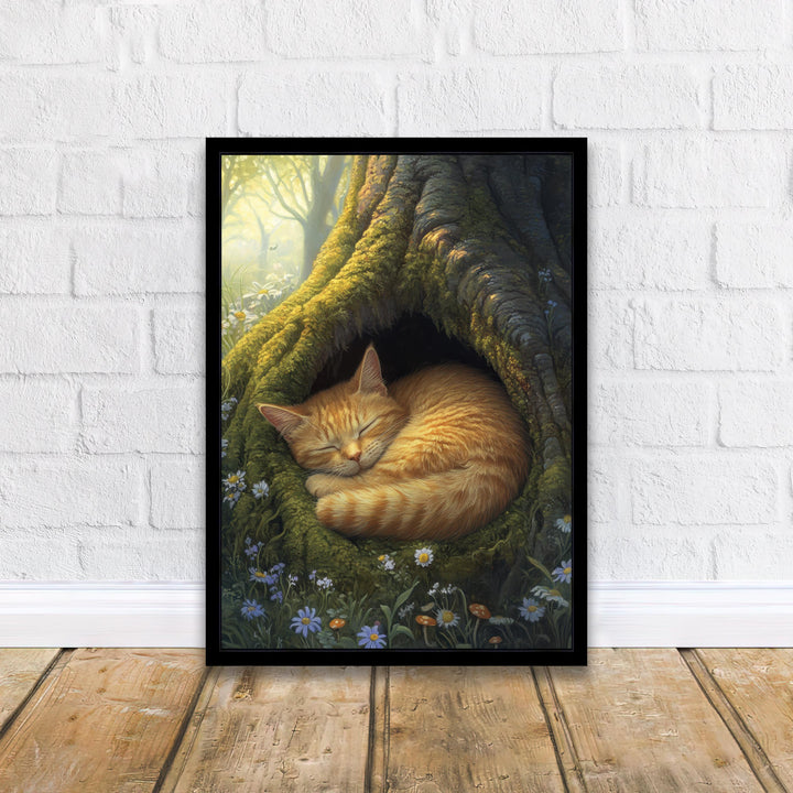 Sleeping Ginger Cat in Mossy Tree Hollow Poster Cottagecore Woodland Animal Print for Cozy Home Decor