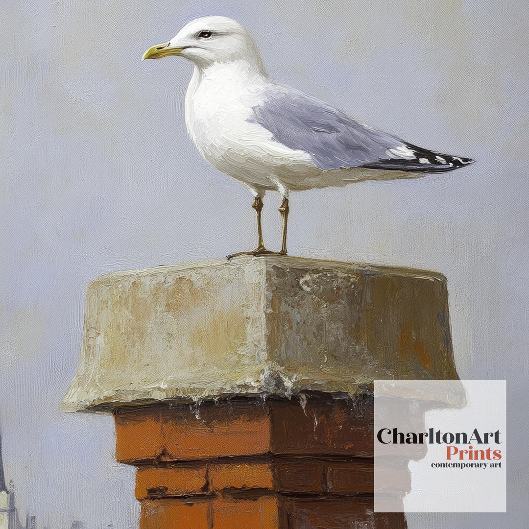 Seagull on Chimney Poster Coastal Wall Art Print Seaside Bird Illustration for Beach House or Nautical Home Decor