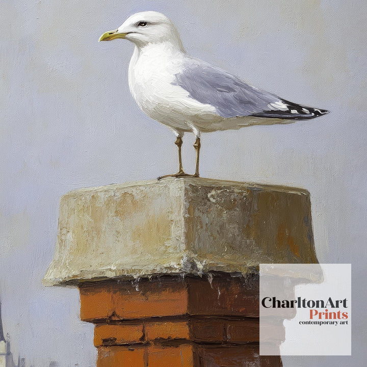 Seagull on Chimney Poster Coastal Wall Art Print Seaside Bird Illustration for Beach House or Nautical Home Decor