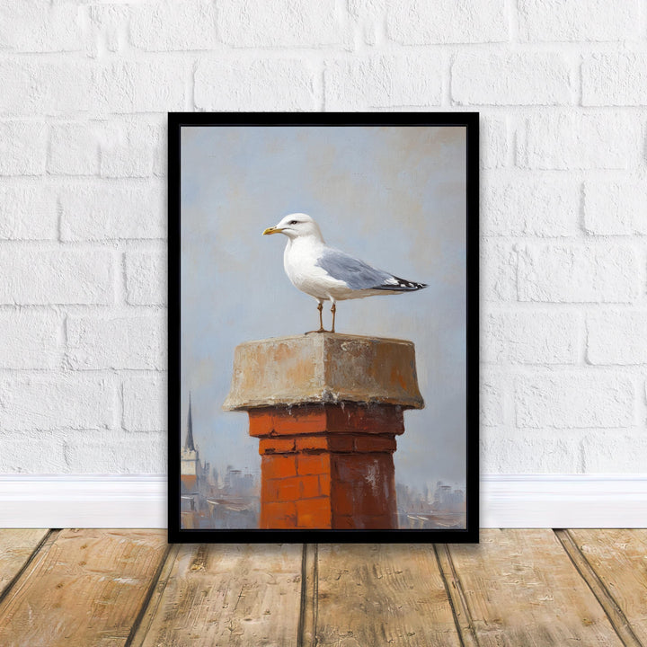 Seagull on Chimney Poster Coastal Wall Art Print Seaside Bird Illustration for Beach House or Nautical Home Decor