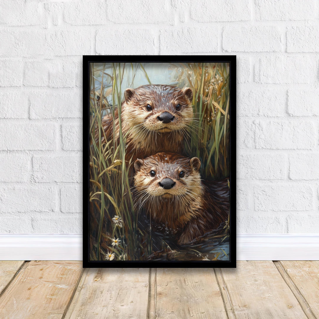 Otters in Reeds Poster Cottagecore Wall Art Print Rustic Nature Illustration for Woodland or Countryside Decor