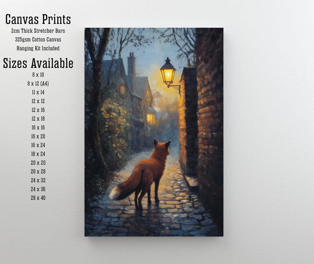 Urban Fox Under Streetlamp Poster Cottagecore Wall Art Cozy Animal Print for Rustic or Storybook Inspired Home Decor