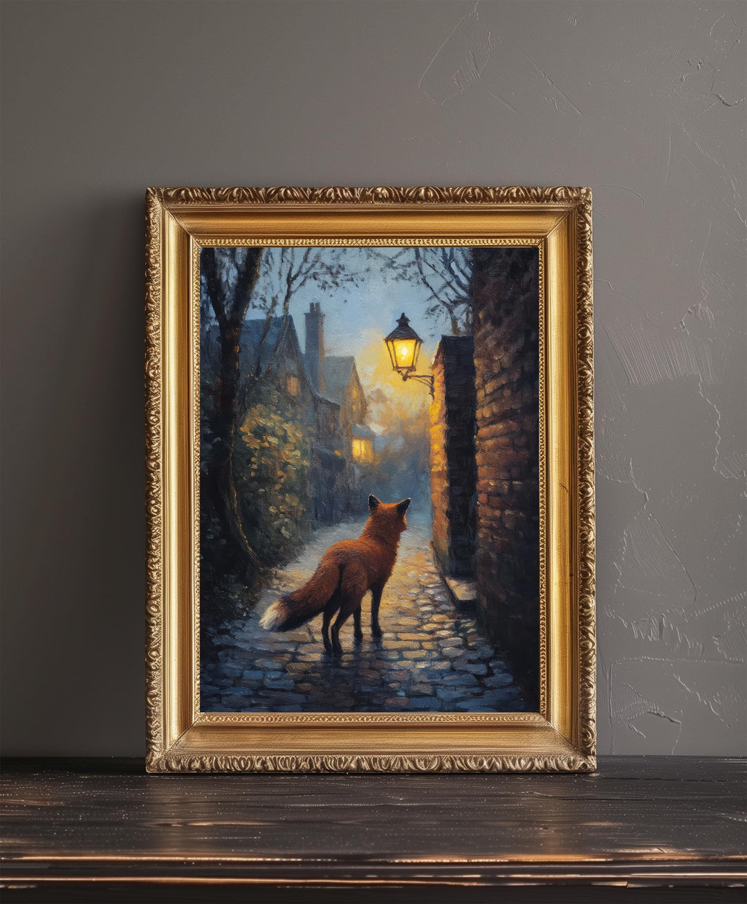 Urban Fox Under Streetlamp Poster Cottagecore Wall Art Cozy Animal Print for Rustic or Storybook Inspired Home Decor