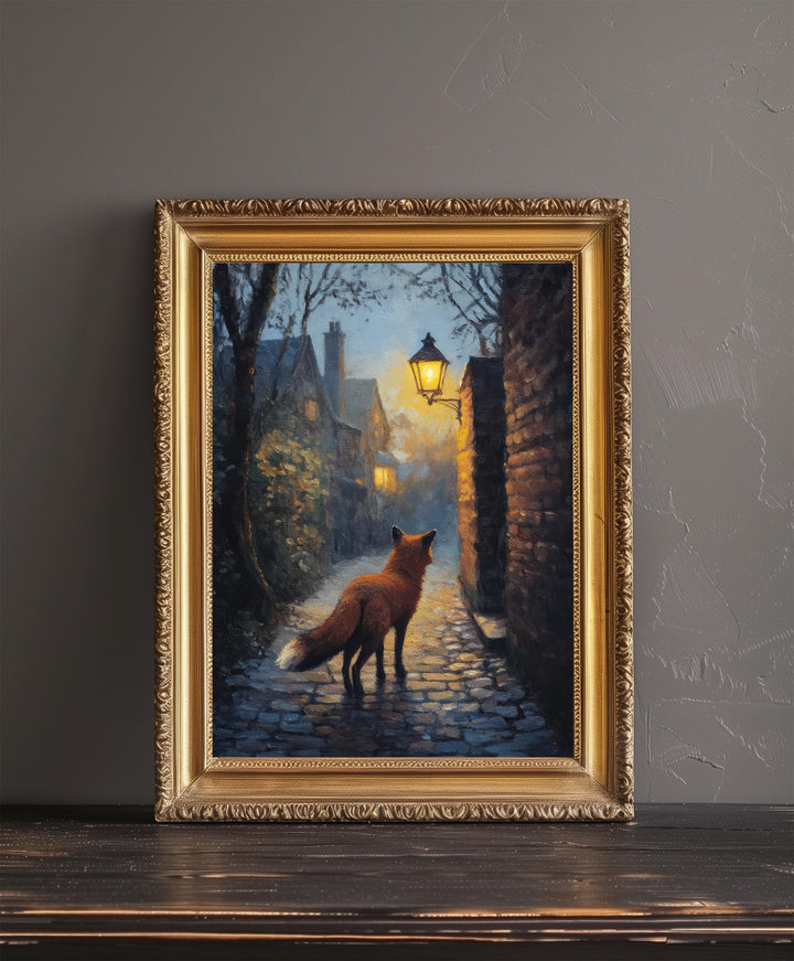Urban Fox Under Streetlamp Poster Cottagecore Wall Art Cozy Animal Print for Rustic or Storybook Inspired Home Decor
