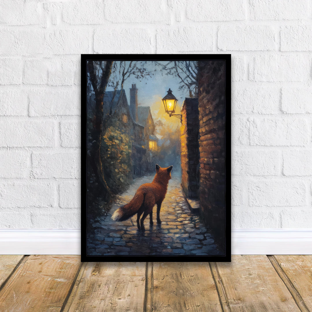 Urban Fox Under Streetlamp Poster Cottagecore Wall Art Cozy Animal Print for Rustic or Storybook Inspired Home Decor