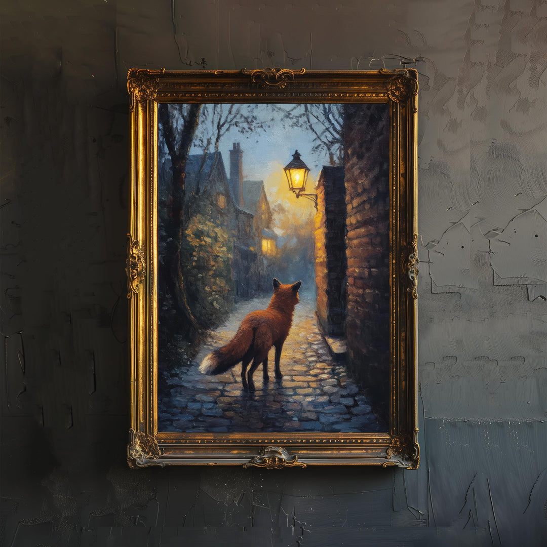 Urban Fox Under Streetlamp Poster Cottagecore Wall Art Cozy Animal Print for Rustic or Storybook Inspired Home Decor
