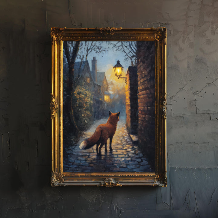 Urban Fox Under Streetlamp Poster Cottagecore Wall Art Cozy Animal Print for Rustic or Storybook Inspired Home Decor