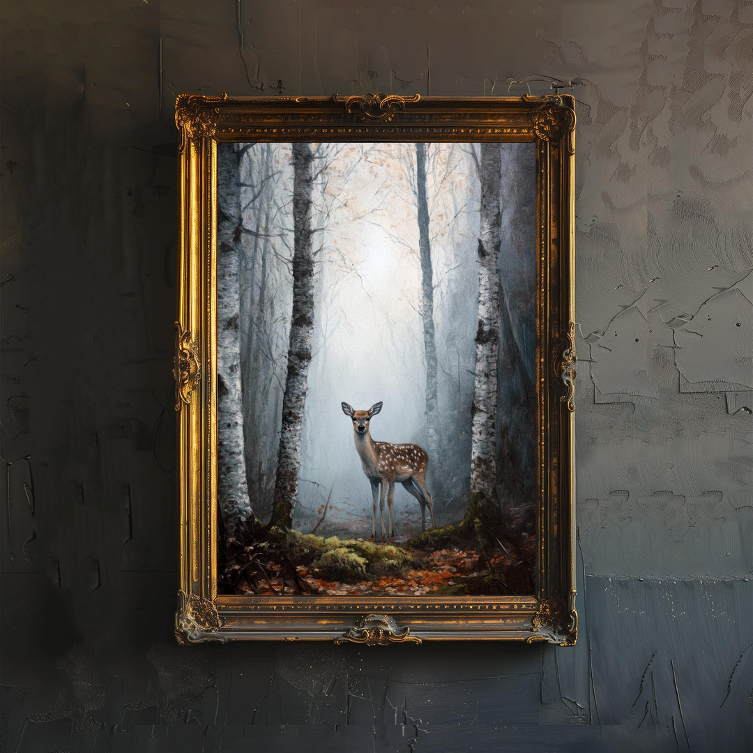 Deer in Clearing Poster Cottagecore Decor Dark Academia Art Enchanted Wildlife Illustration Vintage Nature Wall Art Rustic Aesthetic