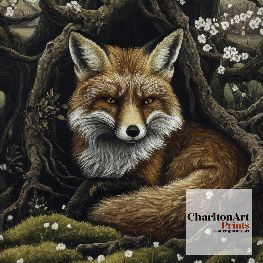 Fox Among Hawthorn Roots Poster Cottagecore Decor Dark Academia Art Enchanted Wildlife Illustration Vintage Nature Wall Art