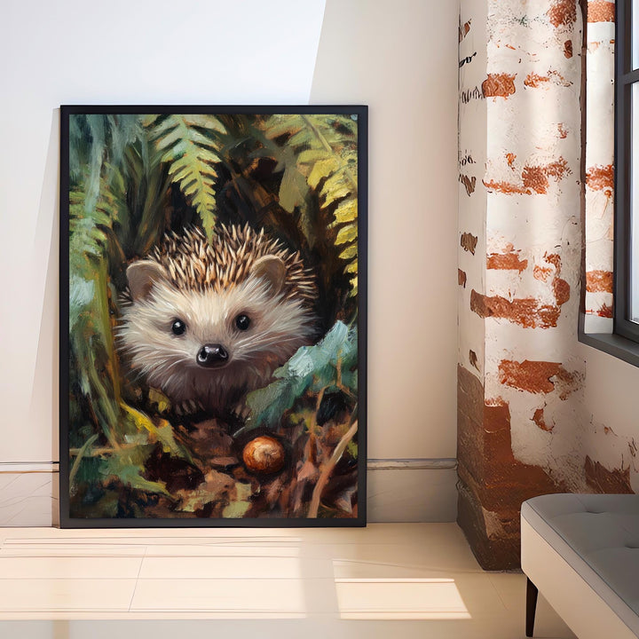 Hedgehog Beneath Fern Fronds Poster Cottagecore Decor Dark Academia Art Enchanted Wildlife Illustration Vintage Nature Wall Art