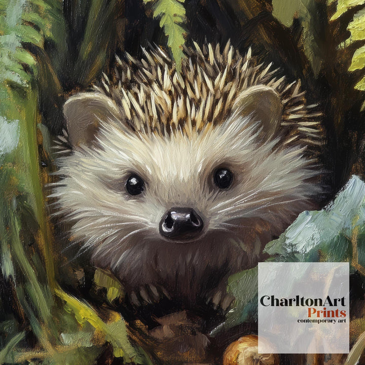 Hedgehog Beneath Fern Fronds Poster Cottagecore Decor Dark Academia Art Enchanted Wildlife Illustration Vintage Nature Wall Art