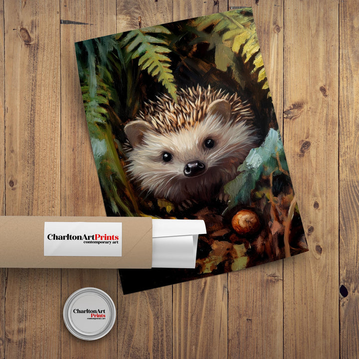 Hedgehog Beneath Fern Fronds Poster Cottagecore Decor Dark Academia Art Enchanted Wildlife Illustration Vintage Nature Wall Art