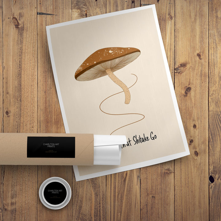 Let That Shitake Go Poster Funny Mushroom Kitchen Wall Art Whimsical Food Print for Cozy Homes or Cottagecore Decor