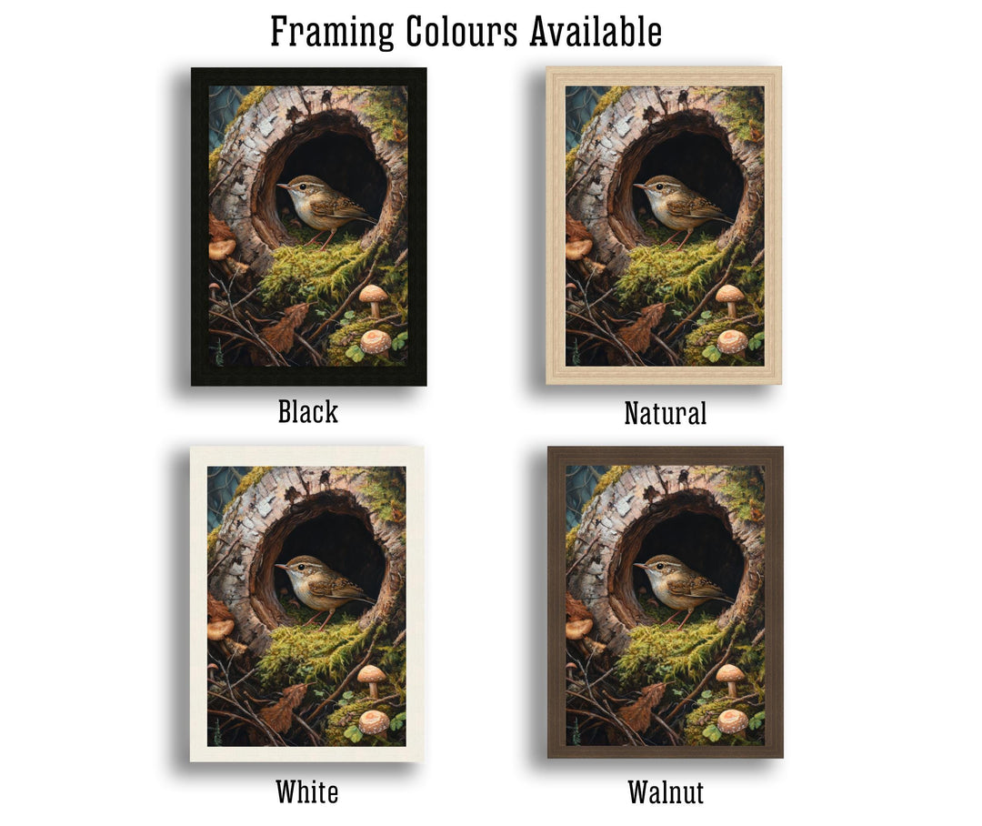 Wren In A Hollow Mossy Log Art Print Cottagecore Woodland Bird Decor Rustic Nature Wall Art