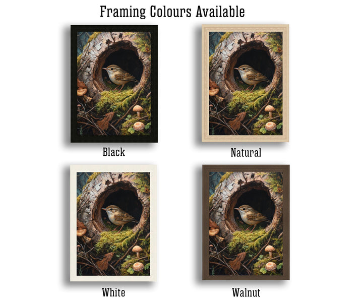 Wren In A Hollow Mossy Log Art Print Cottagecore Woodland Bird Decor Rustic Nature Wall Art
