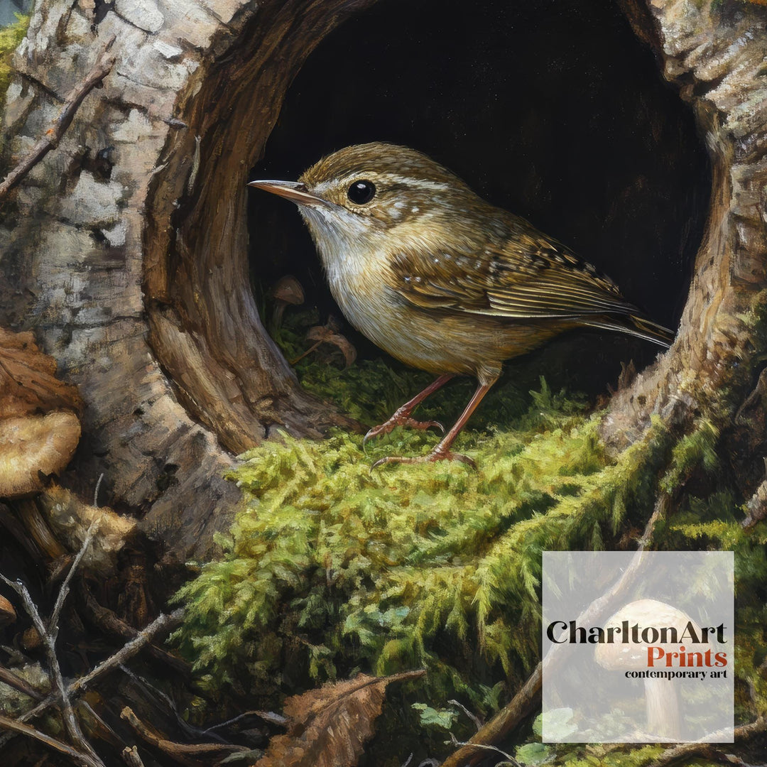 Wren In A Hollow Mossy Log Art Print Cottagecore Woodland Bird Decor Rustic Nature Wall Art