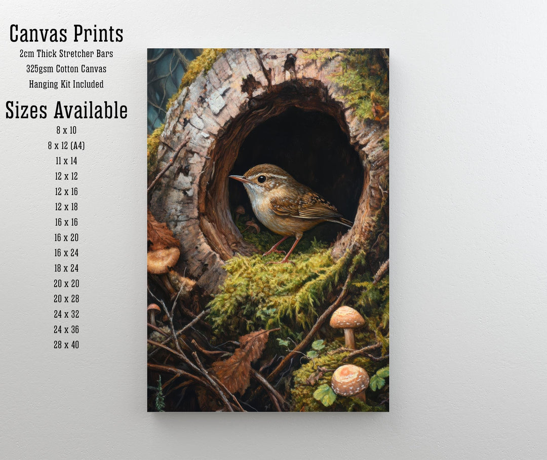 Wren In A Hollow Mossy Log Art Print Cottagecore Woodland Bird Decor Rustic Nature Wall Art
