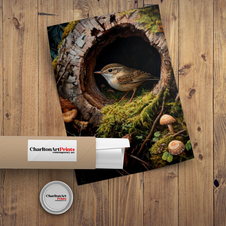 Wren In A Hollow Mossy Log Art Print Cottagecore Woodland Bird Decor Rustic Nature Wall Art