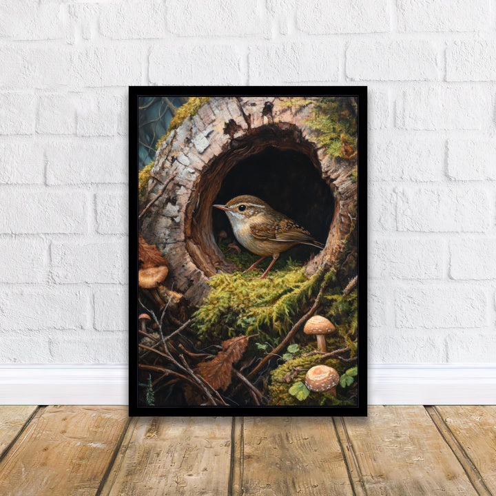 Wren In A Hollow Mossy Log Art Print Cottagecore Woodland Bird Decor Rustic Nature Wall Art