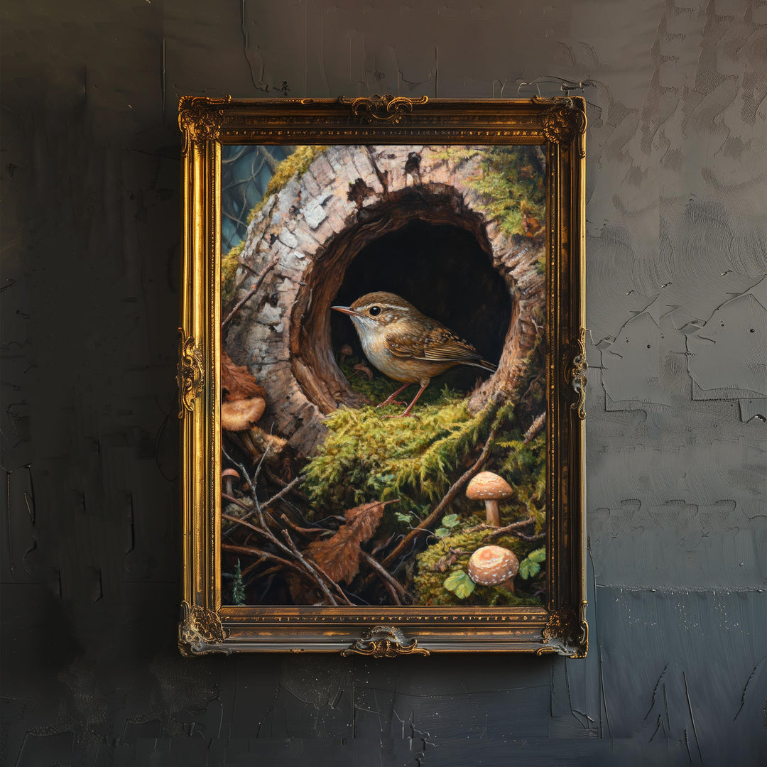 Wren In A Hollow Mossy Log Art Print Cottagecore Woodland Bird Decor Rustic Nature Wall Art