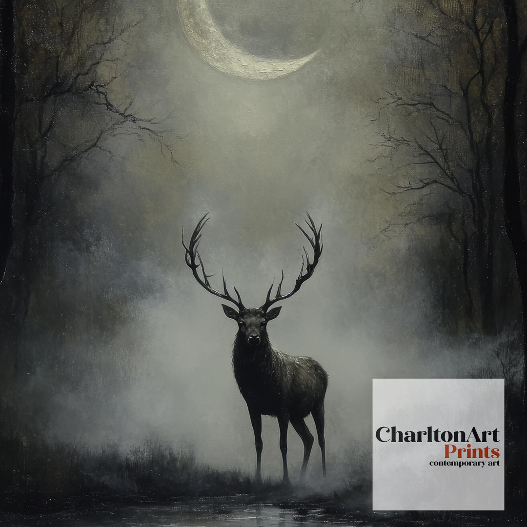 Stag Beneath Crescent Moon Poster Cottagecore Decor Dark Academia Art Enchanted Wildlife Illustration Vintage Nature Wall Art