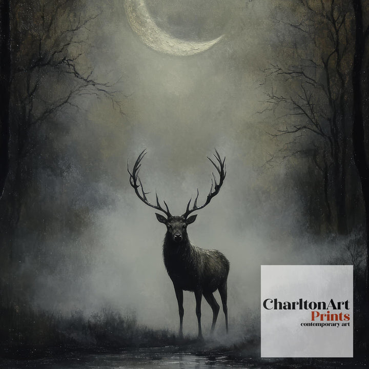 Stag Beneath Crescent Moon Poster Cottagecore Decor Dark Academia Art Enchanted Wildlife Illustration Vintage Nature Wall Art