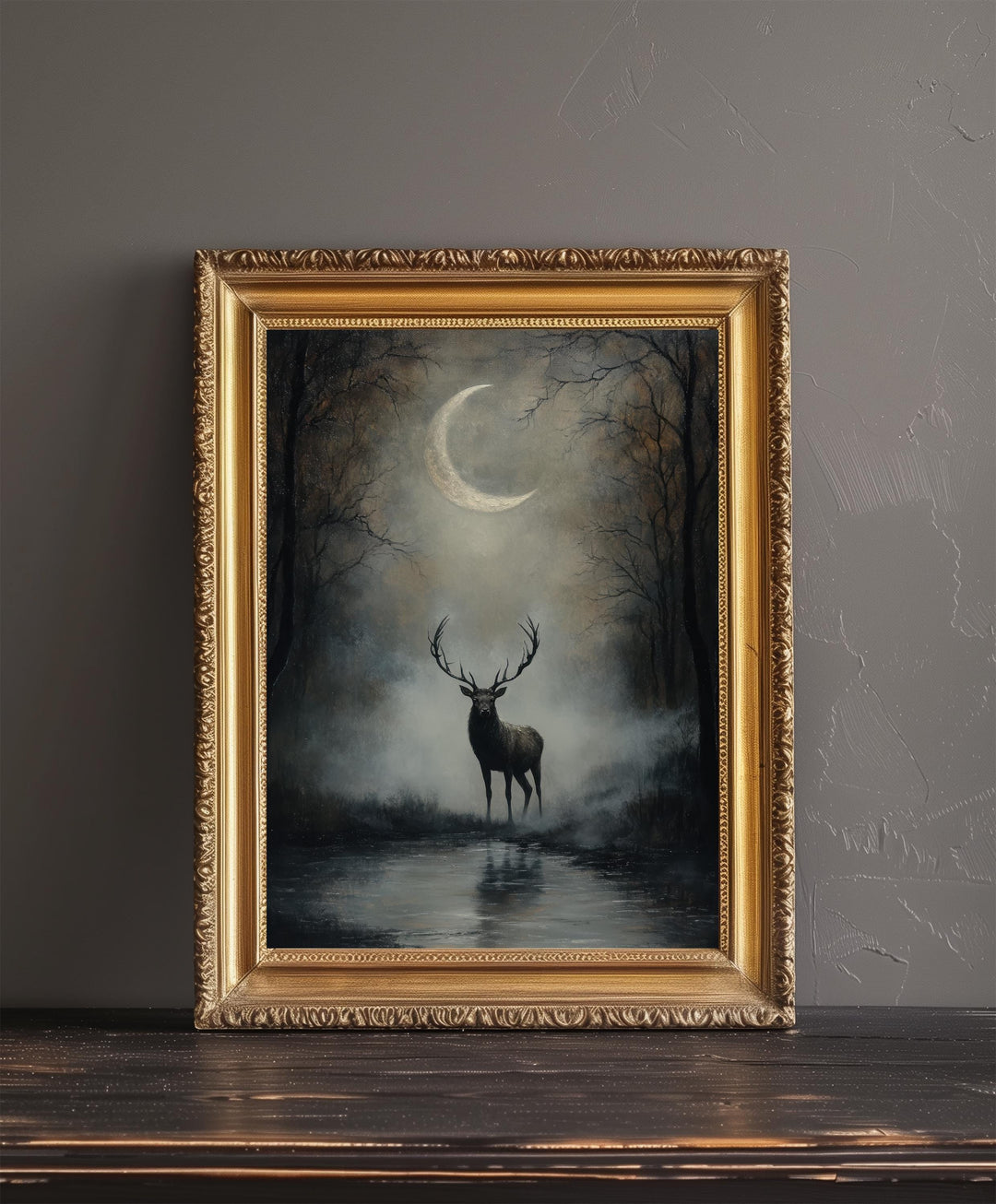 Stag Beneath Crescent Moon Poster Cottagecore Decor Dark Academia Art Enchanted Wildlife Illustration Vintage Nature Wall Art